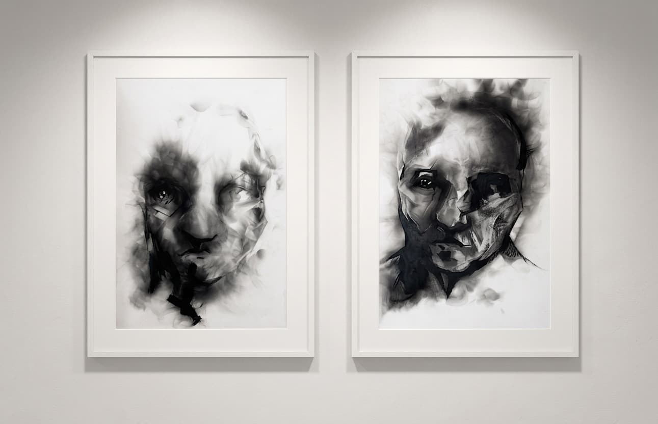 Two of the three Smoke Study I-III pieces by Janke de Kock, shown framed together