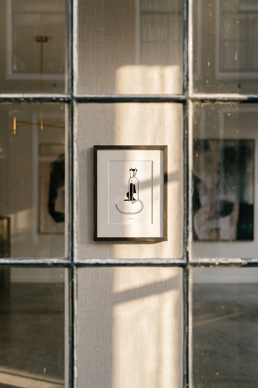 Coned Cat, a minimal line illustration by Janke de Kock, shown framed in a window